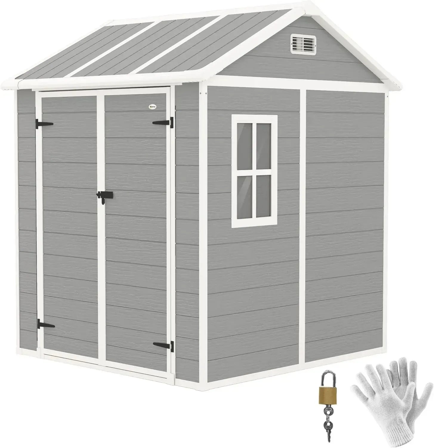 Capanno per Attrezzi da Giardino in Effetto Legno con Pavimento e Doppia Porta, 2.91m², Grigio