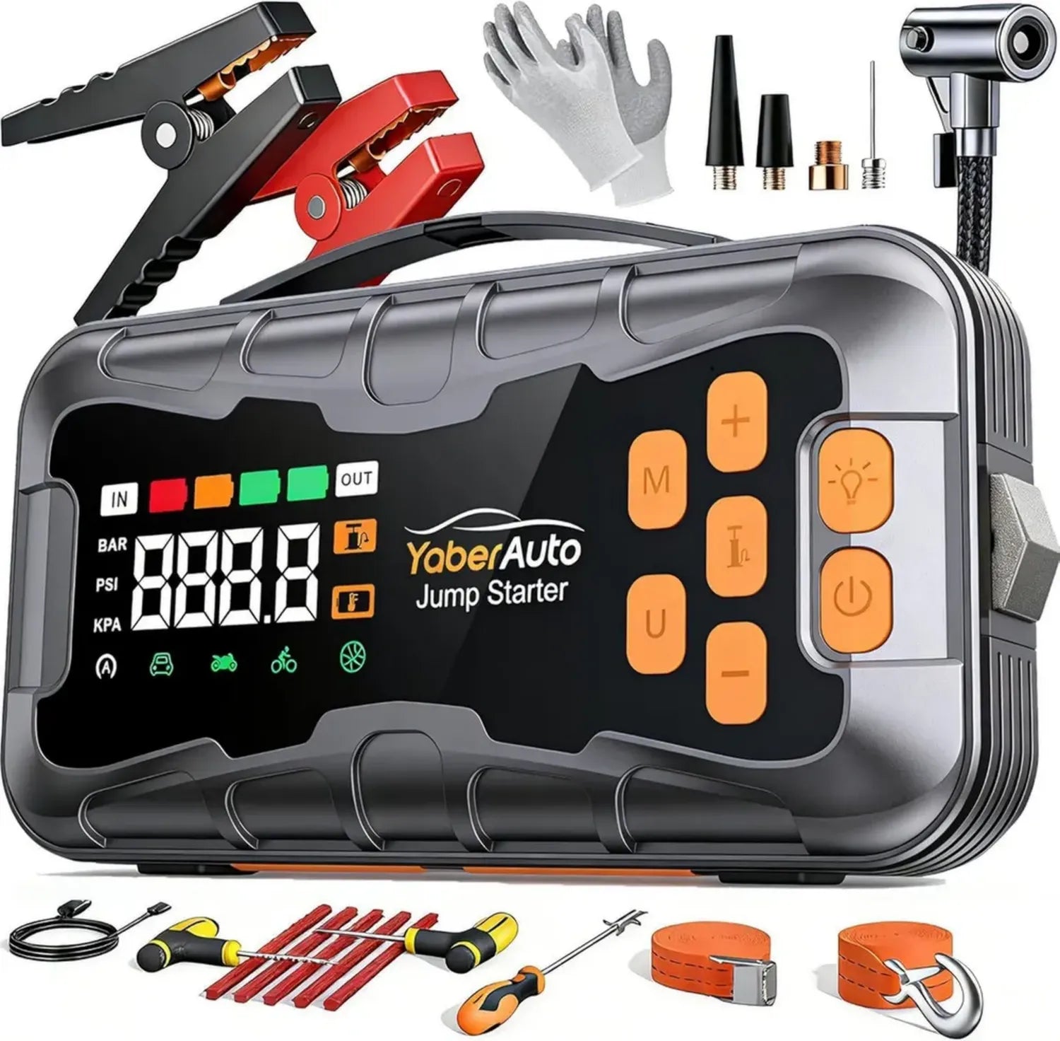 Avviatore Auto 16-in-1 con Compressore 160PSI 8000A 27000mAh per Motori Benzina e Diesel