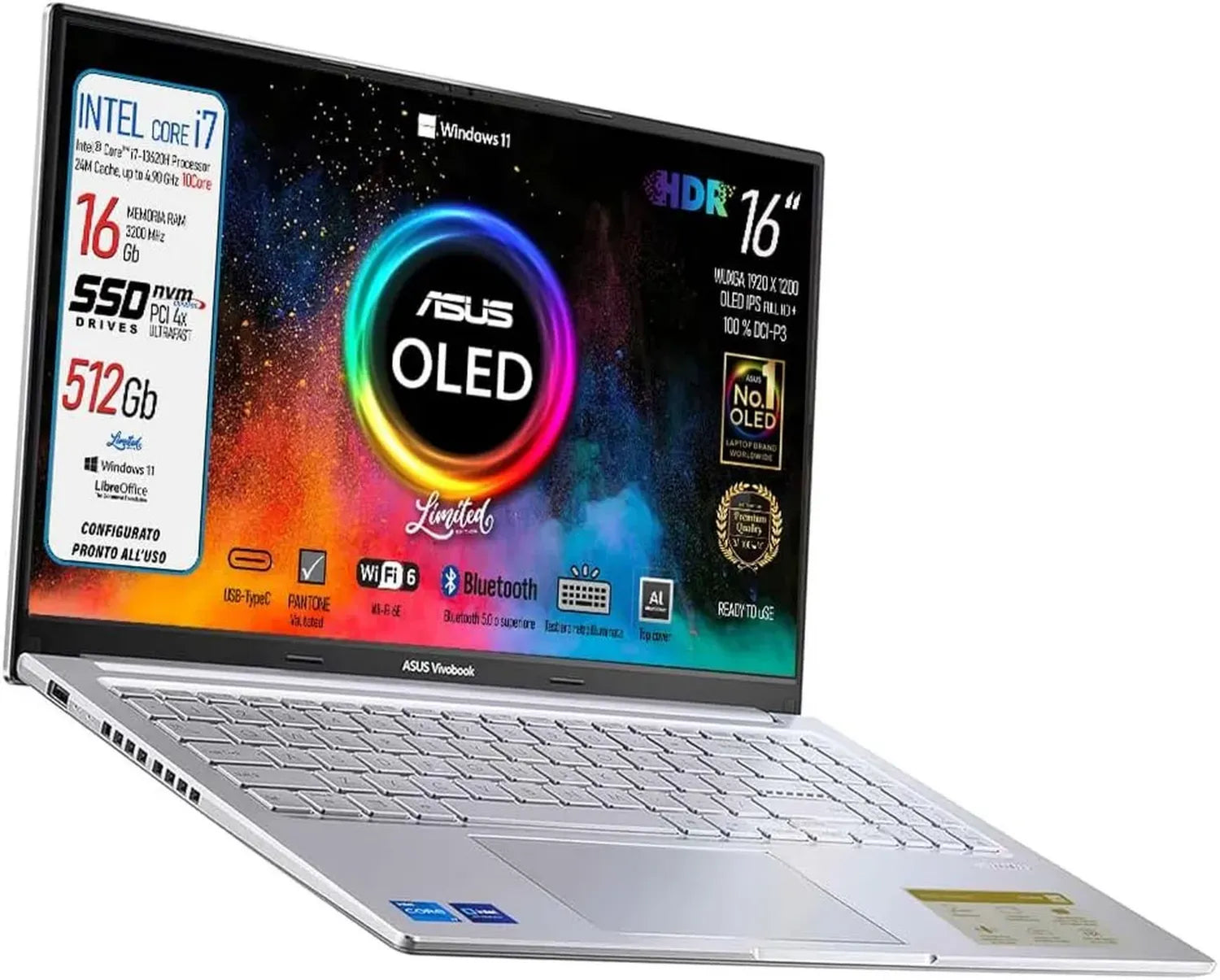ASUS Vivobook 16" OLED con Intel i7, 16GB RAM, 512GB SSD, Windows 11, Wi-Fi 6