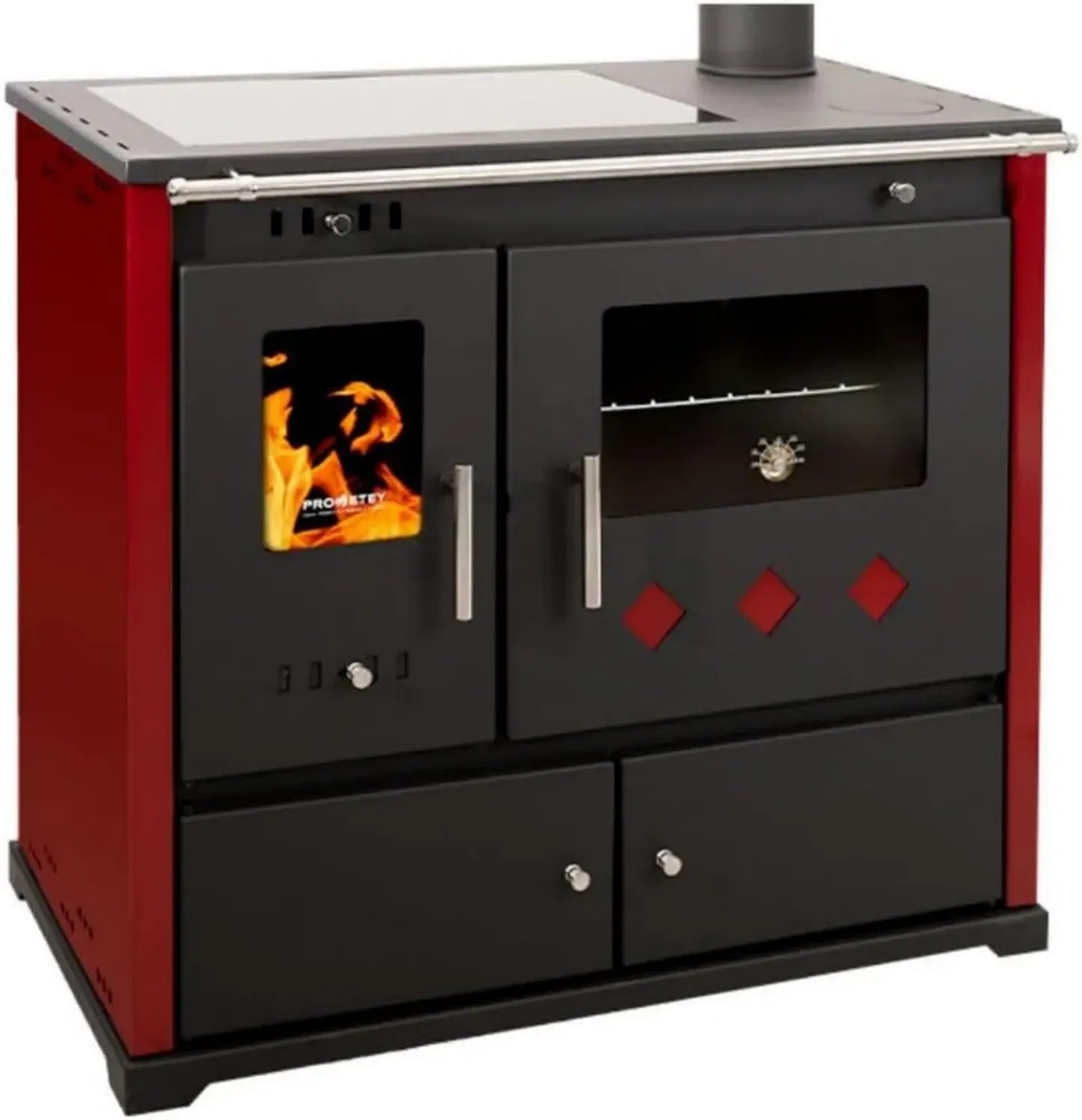 Stufa a legna Prometey Practik Lux con piano in ceramica, 9,5 kW, Classe A+