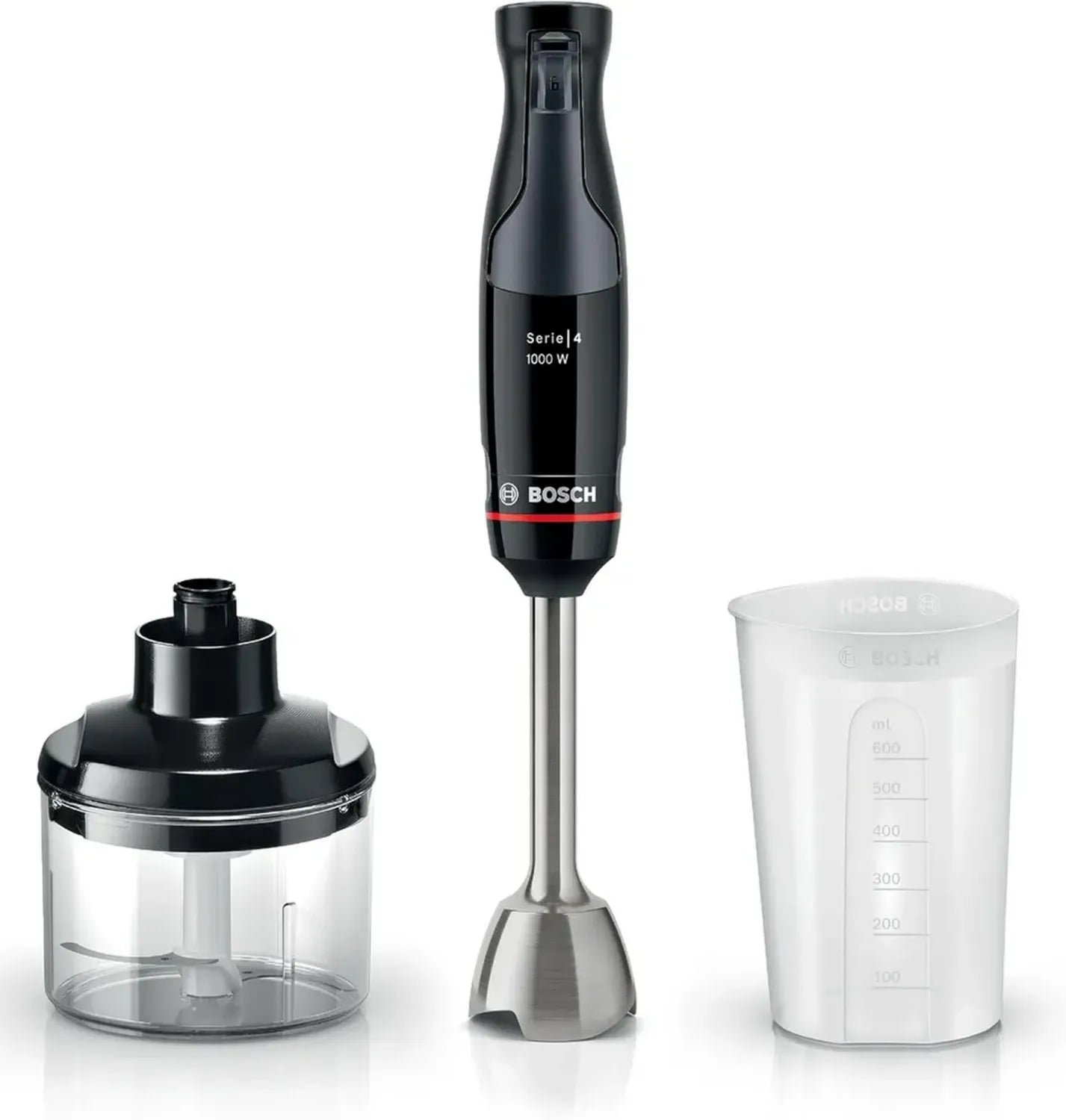 Frullatore a Immersione Bosch Serie 4 MSM4B620, 1000W, Velocità Variabile, Lame in Acciaio Inox, Tritatutto e Bicchiere Inclusi, Nero
