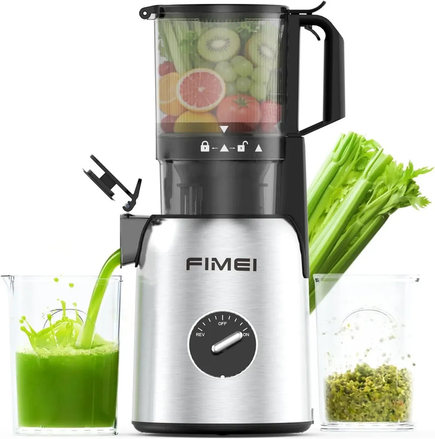Estrattore di Succo Lento FIMEI con Ampia Apertura XL, Base in Acciaio Inox, Facile Pulizia, BPA Free