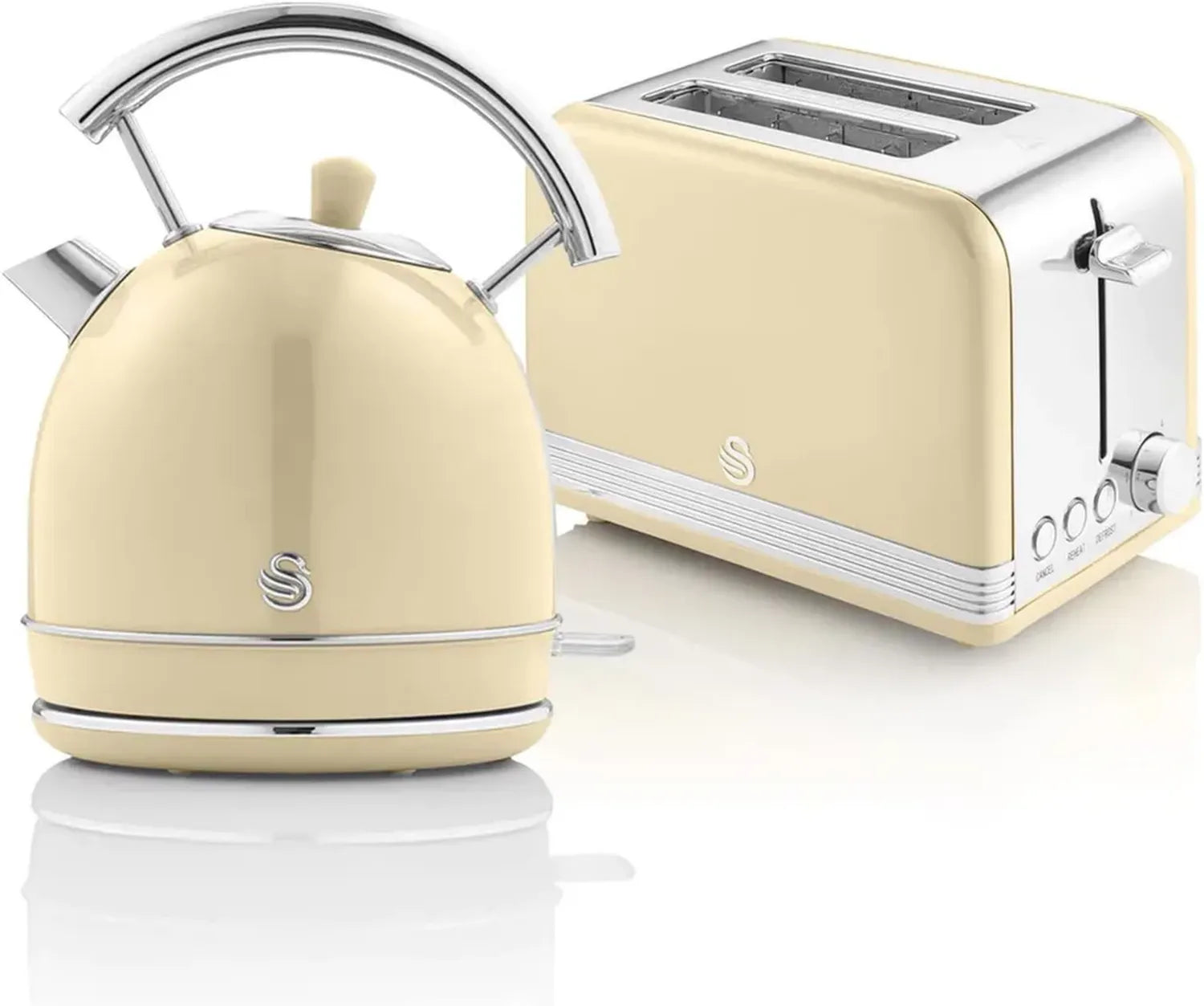 Set Colazione Vintage Swan: Bollitore Senza Fili 1,8 L e Tostapane 2 Fette, Acciaio Inox, Crema