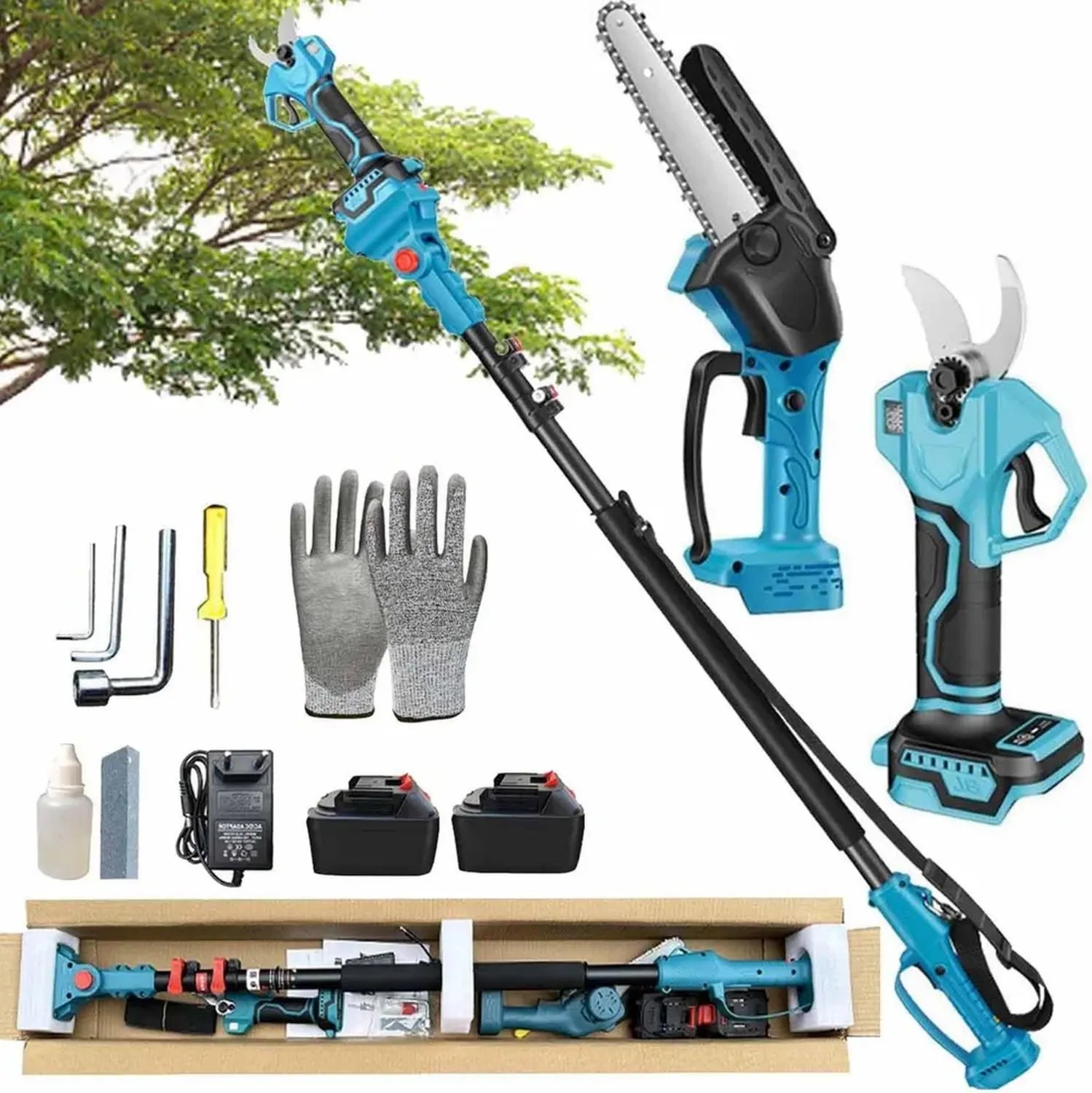 Mini Motosega Elettrica Telescopica con 2 Batterie, Palo Estensibile 125-220 cm, Taglia Rami Alta Quota, Lama da 15 cm Senza Spazzole