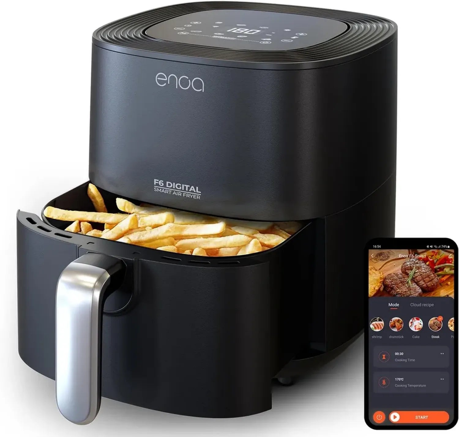 Friggitrice ad Aria ENOA F6 5,5L, 8 Funzioni, Risparmio di Grassi 85%, XXL per 8 Persone, App e Ricettario Inclusi