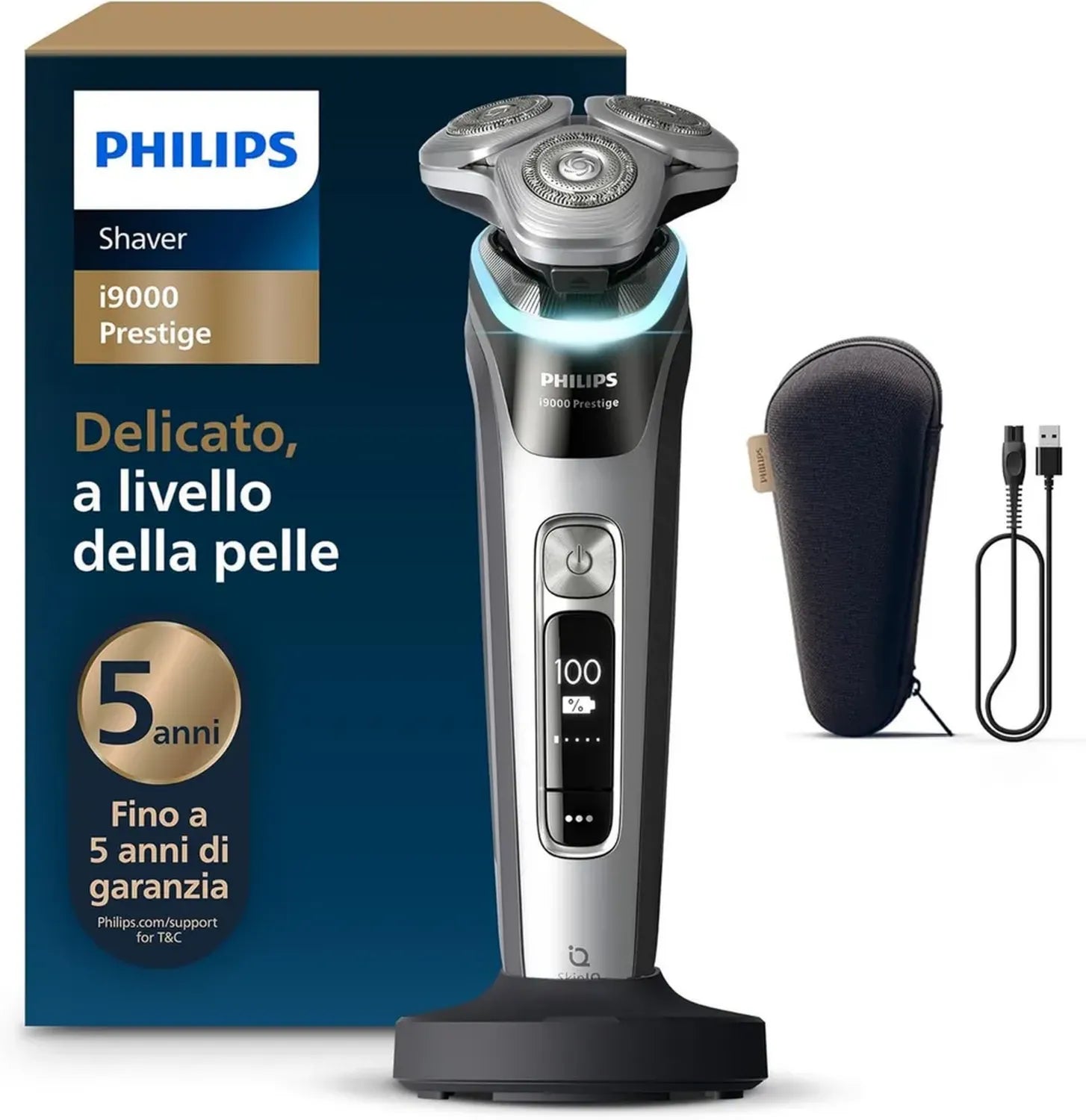 Philips i9000 Prestige, rasoio elettrico Wet & Dry con Skin IQ, lame SteelPrecision rotanti, modello XP9204/10