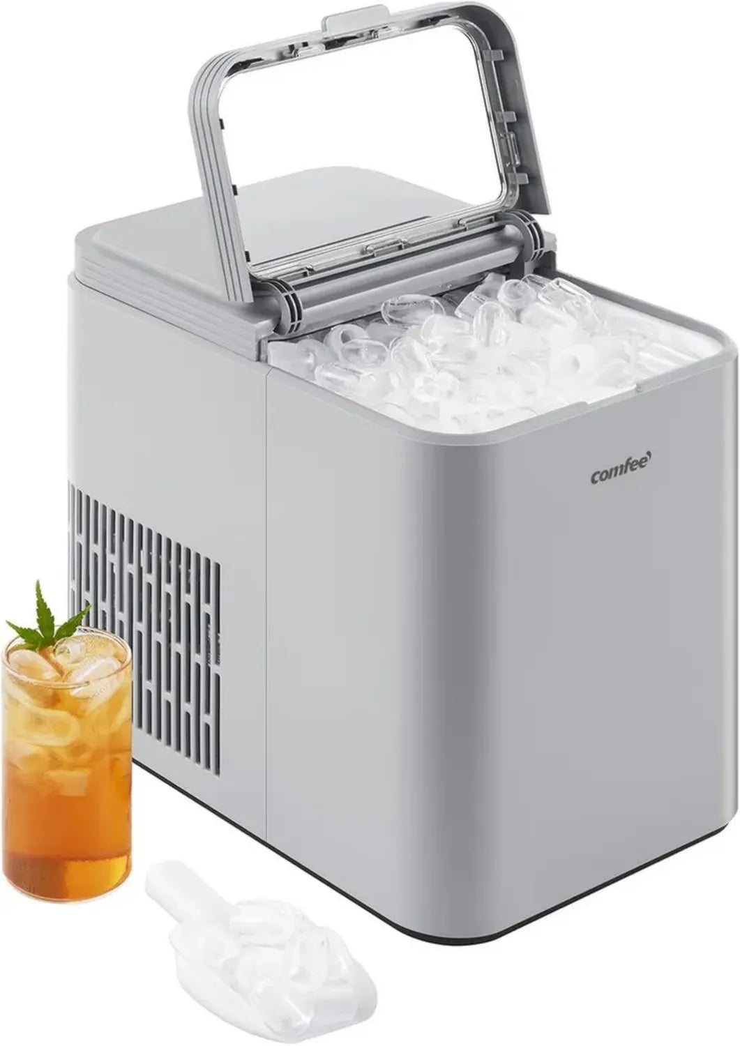 Macchina per Ghiaccio Portatile COMFEE', 12kg/24h, 2 Dimensioni Cubetti, Funzione Autopulente, Ideale per Casa e Cucina, Grigio