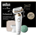 Depilatore Donna Braun Silk-épil 9 Flex, Testina 360° Flessibile, Uso Wet & Dry, Con Rasoio e Accessori Massaggianti, Modello 9-071 3D, Bianco/Oro