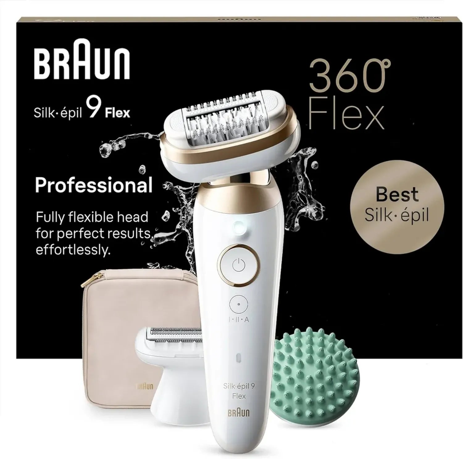 Depilatore Donna Braun Silk-épil 9 Flex, Testina 360° Flessibile, Uso Wet & Dry, Con Rasoio e Accessori Massaggianti, Modello 9-071 3D, Bianco/Oro