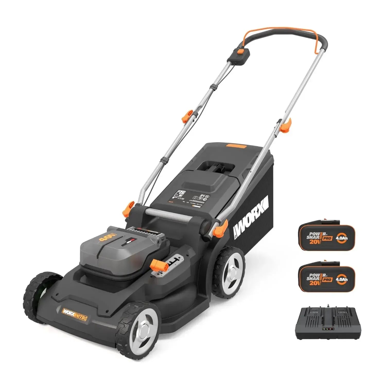 Tagliaerba a Batteria Nitro WG745E 40V con 2 Batterie Pro 4Ah, Area Massima 600 m², Diametro 41 cm, Serbatoio 50 L, Taglio Bordi, 6 Altezze di Taglio