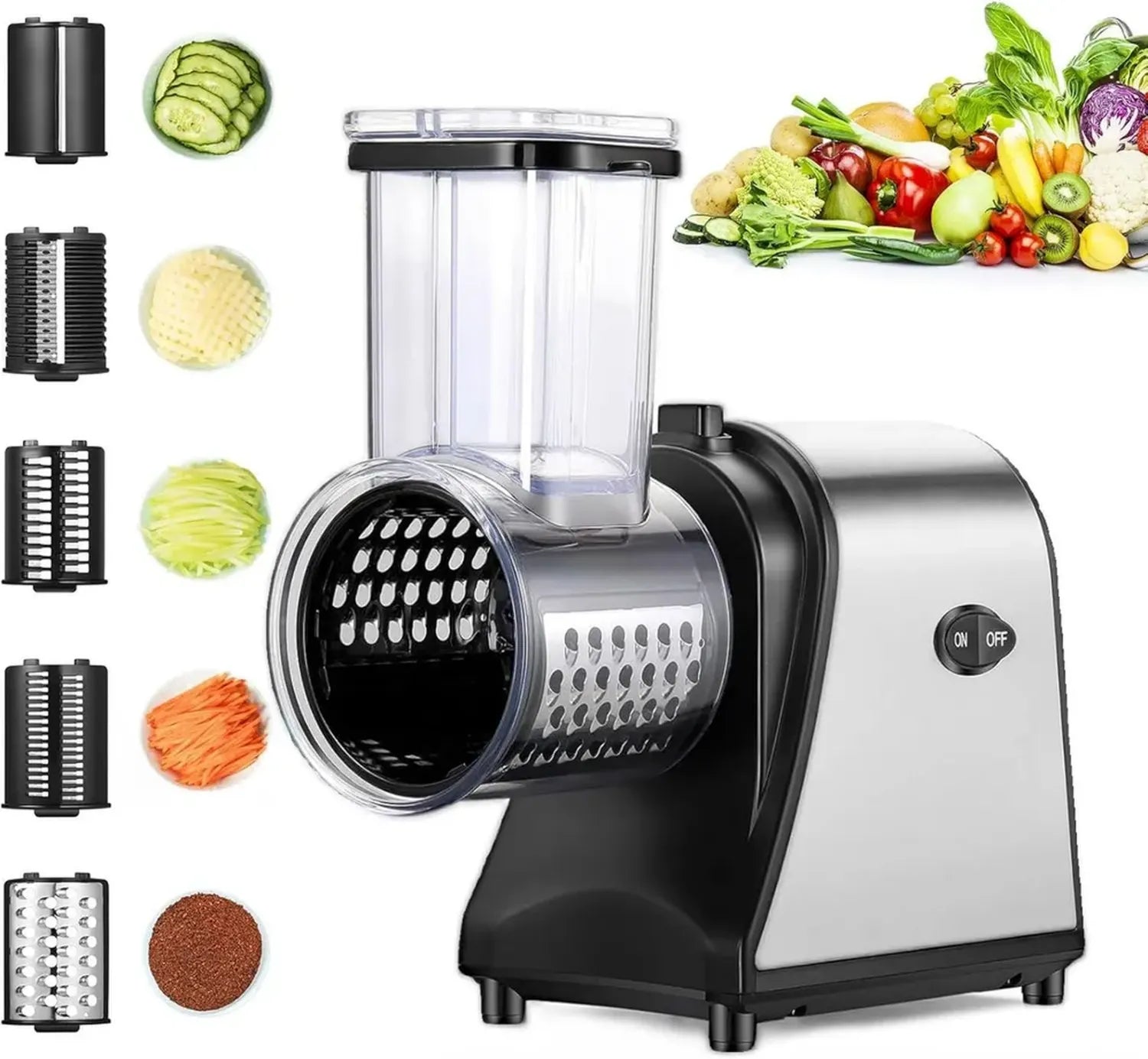 Affettatrice Elettrica 250W, Grattugia 5-in-1 con Lame in Acciaio Inossidabile, Multifunzione per Verdure e Formaggi