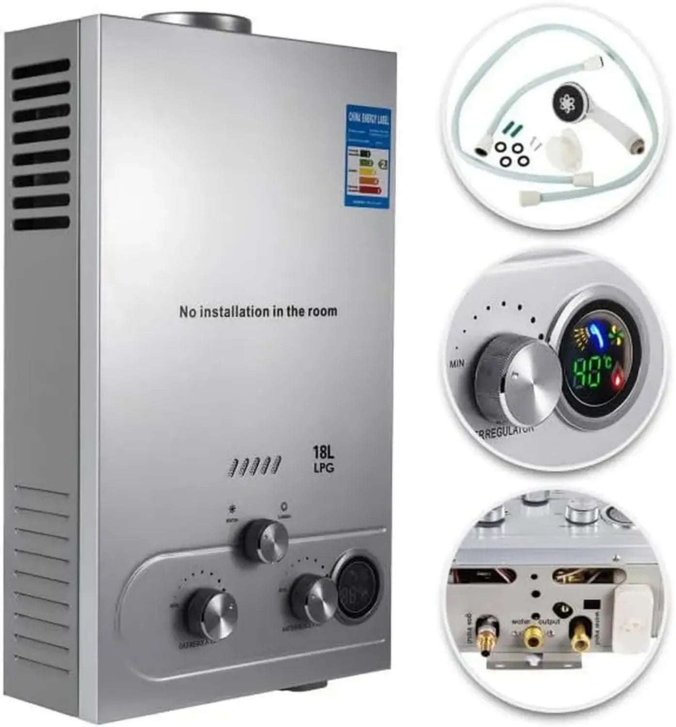 Scaldabagno a Gas GPL 36KW, Modalità Inverno/Estate, 18L/min, Installazione a Parete