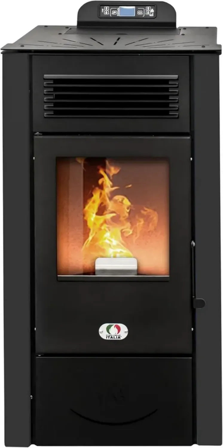 Stufa a Pellet WiFi 14 kW San Diego - Riscaldamento Aria Ventilata 92% di Efficienza, Autonomia 20 Ore, Programmabile con 5 Velocità, Copertura 130m², Nero
