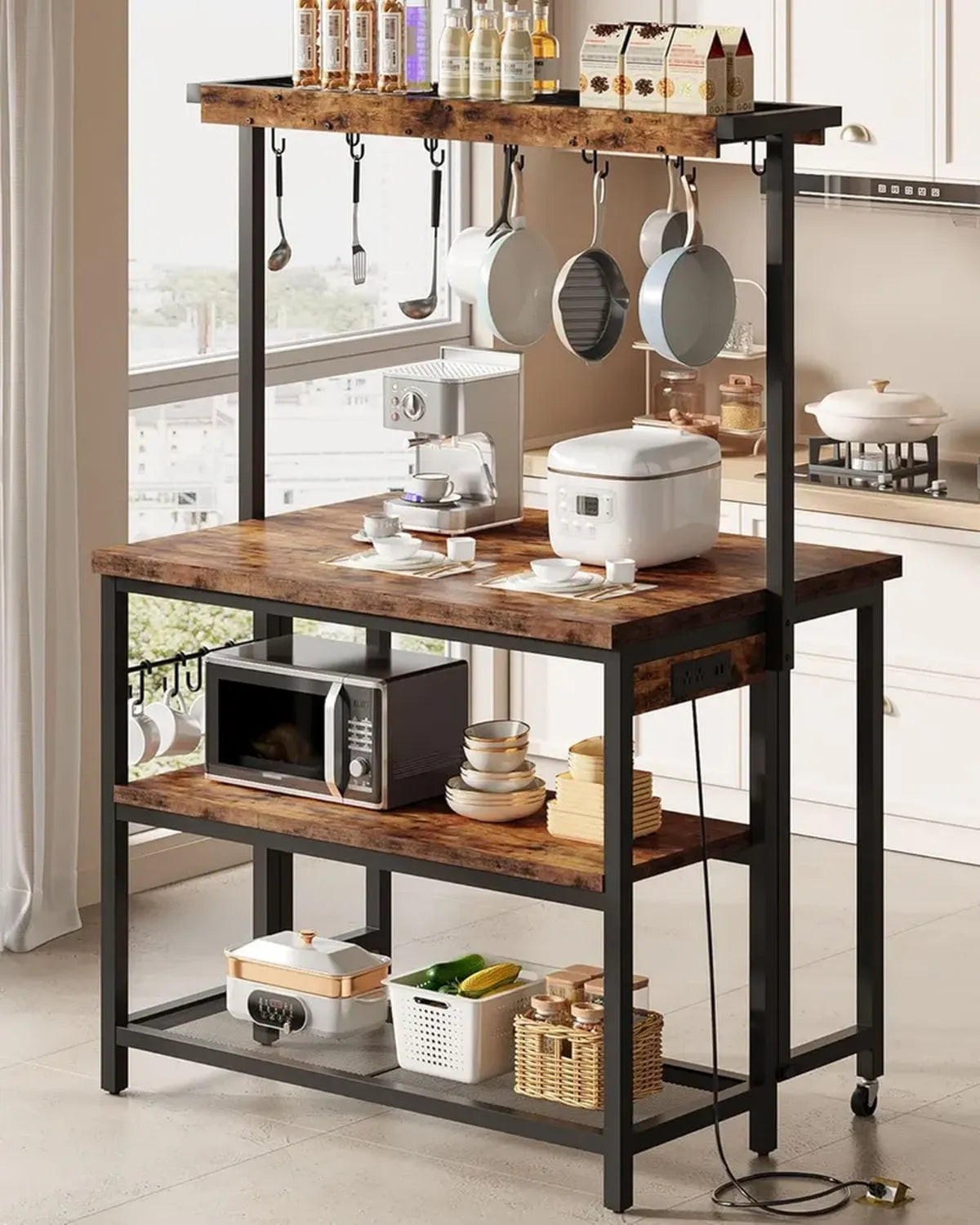 Isola cucina moderna con piano pieghevole e prese USB, tavolo multifunzionale per sala da pranzo e soggiorno, finitura marrone rustico