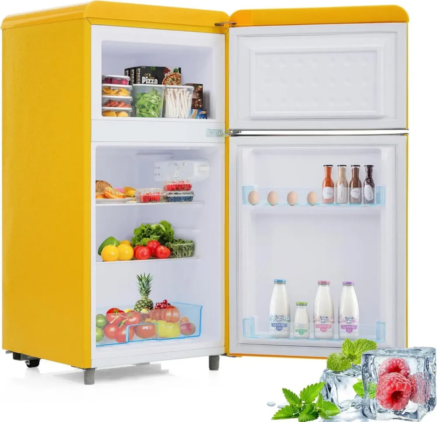 Frigorifero Vintage 72L Doppia Porta con Freezer 21L - Efficienza Energetica Classe E, Silenzioso 39 dB, Piedini Regolabili, Illuminazione LED, Multicolore per Cucina