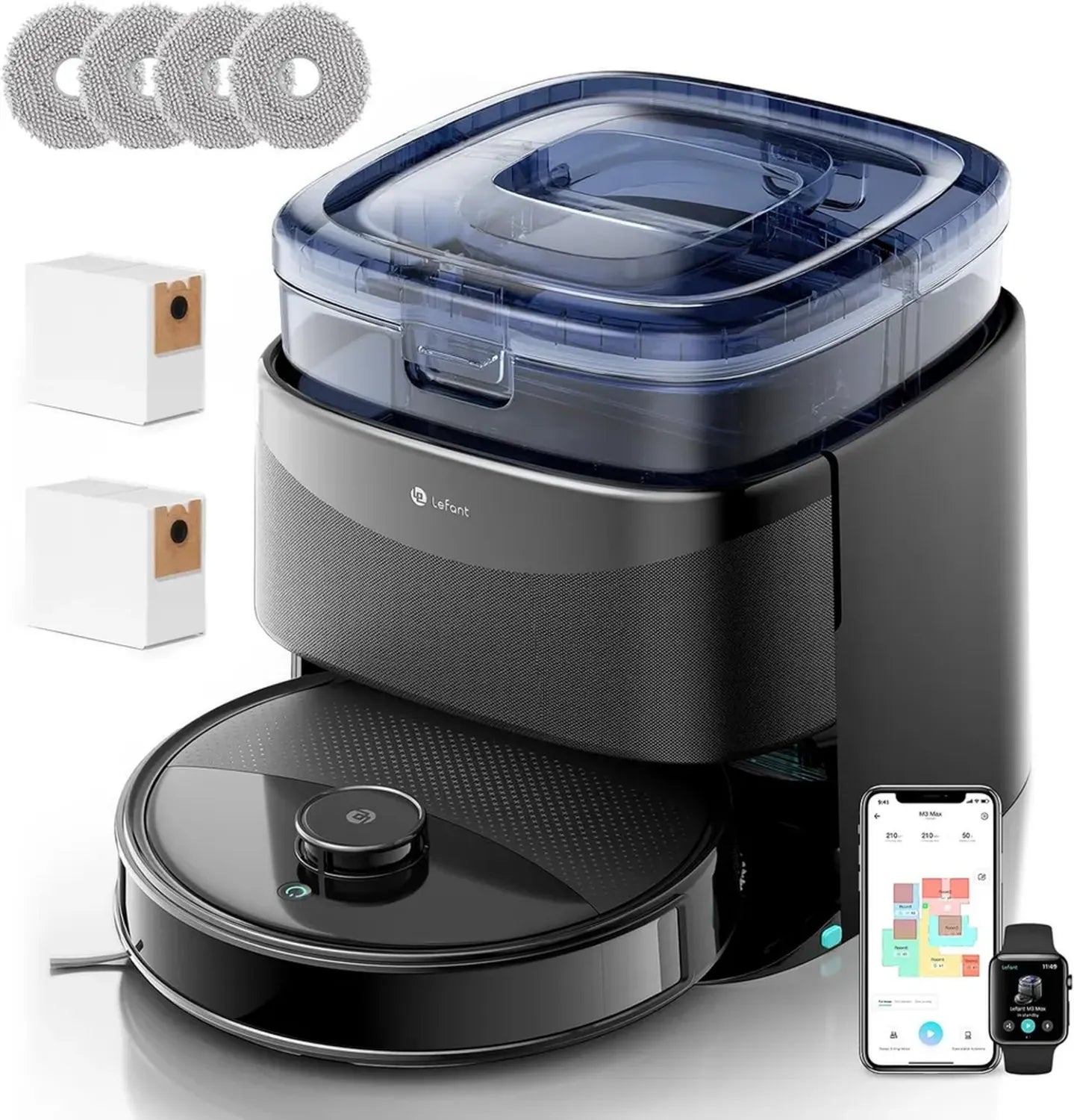 Aspirapolvere Robot Lefant M3 con Mappatura LiDAR, Potenza 12000Pa, Mop Rotanti e Lavaggio a 45°C, Serbatoio Autosvuotante da 3,2L, Compatibile con Alexa e WiFi