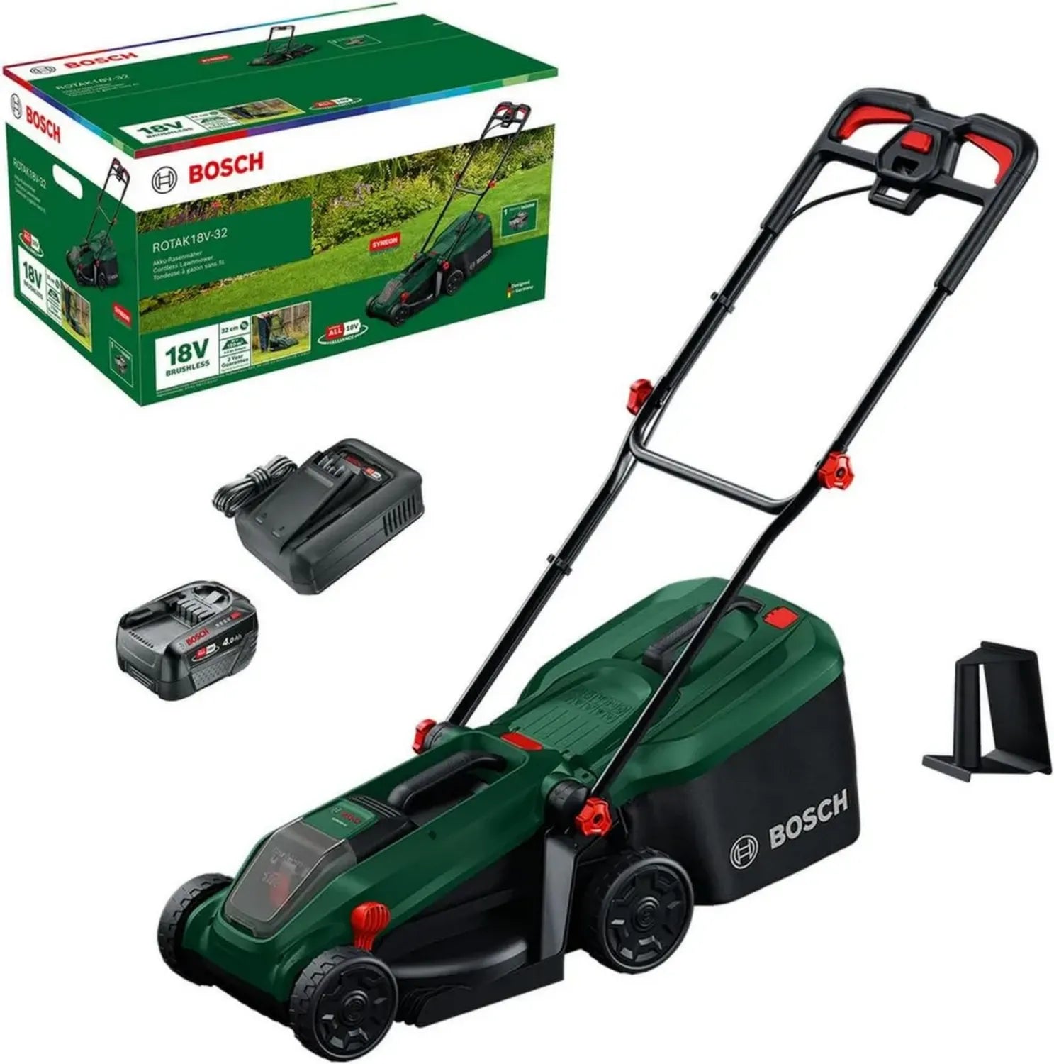 Tagliaerba a batteria Bosch ROTAK 32 cm, altezza regolabile 25-65 mm, sacco da 35 l, con batteria e caricabatterie