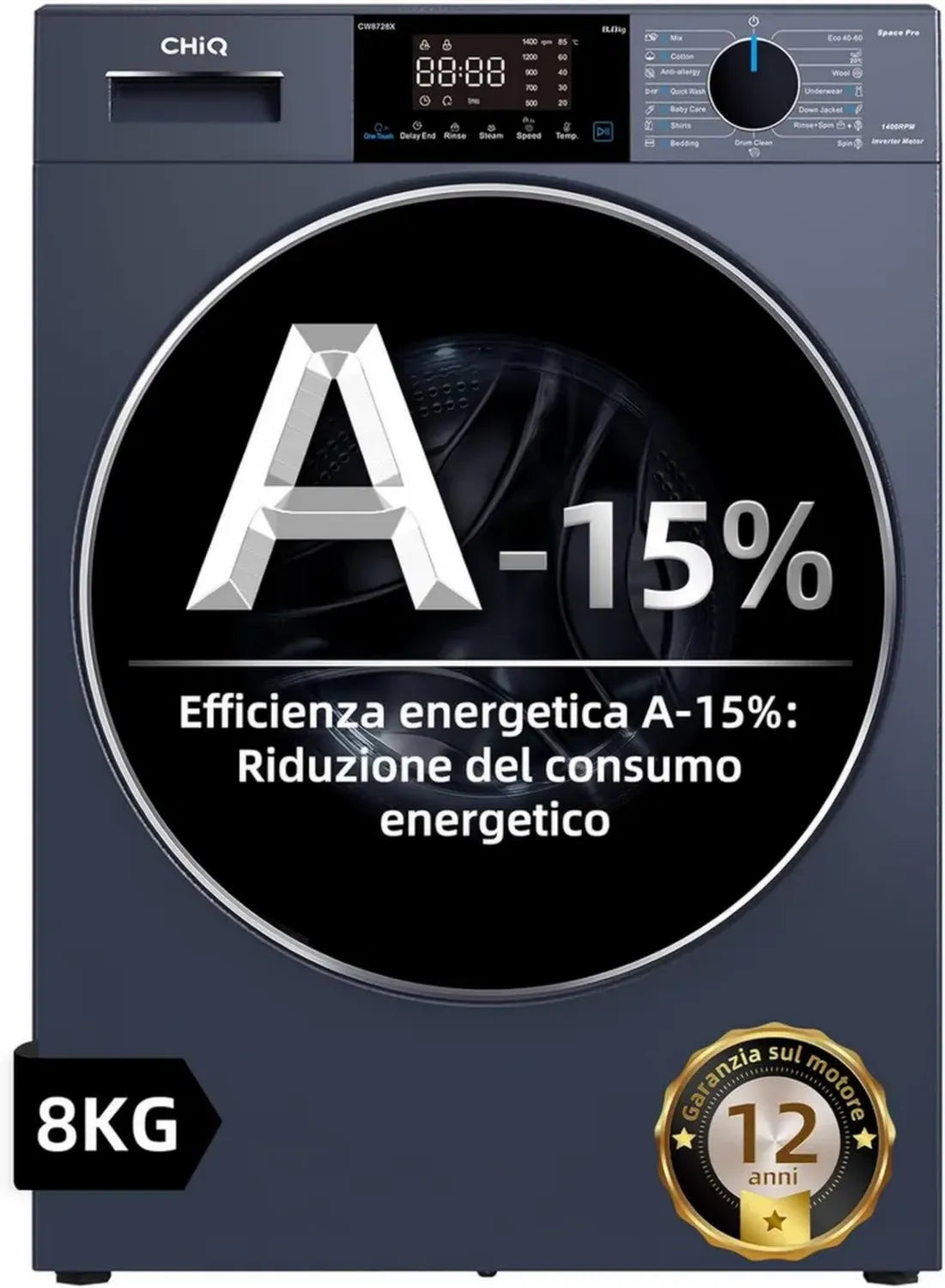 Lavatrice Slim CHiQ 8 KG, Grigio Classe A, Design Compatto, Tamburo 530mm, 1400 RPM, Vapore, One-Touch