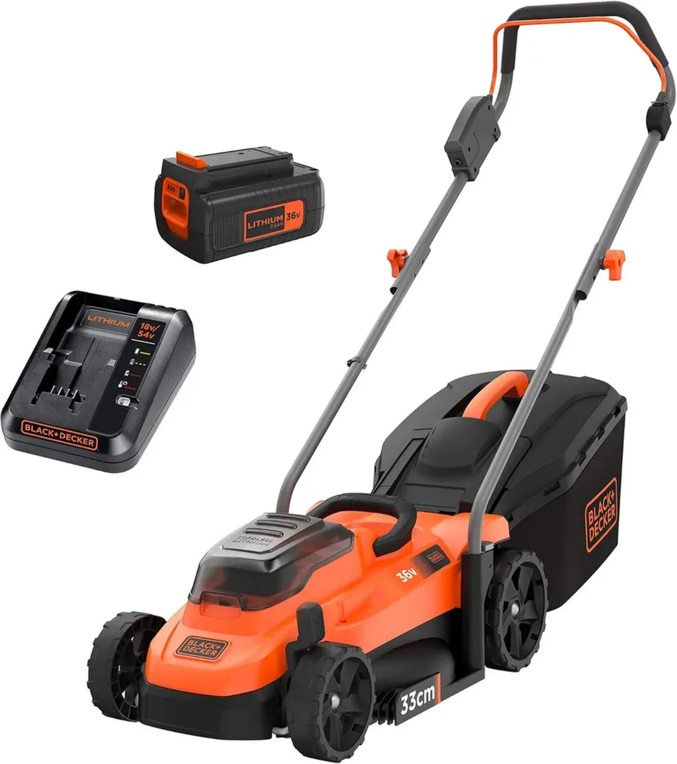 Tosaerba a Batteria 36V BLACK+DECKER con Batteria 2,5Ah, Larghezza 33cm, Cesto 35L