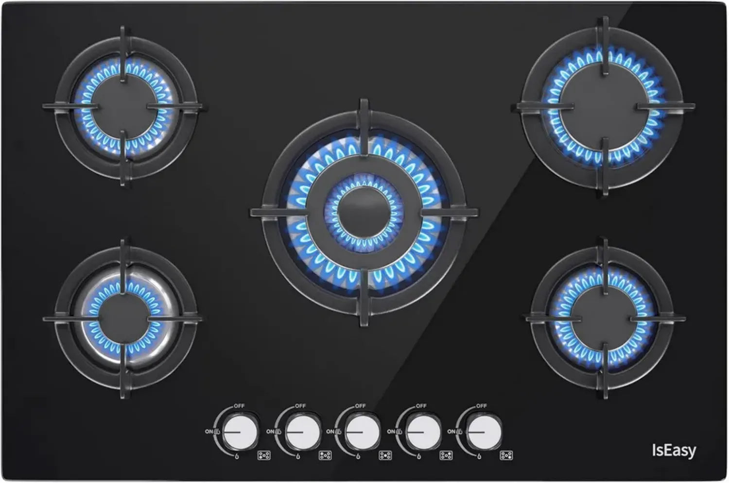 Piano Cottura a Gas 5 Fuochi con Potenza 10500W, Bruciatore Wok e Sicurgas, Dimensioni 73x48cm