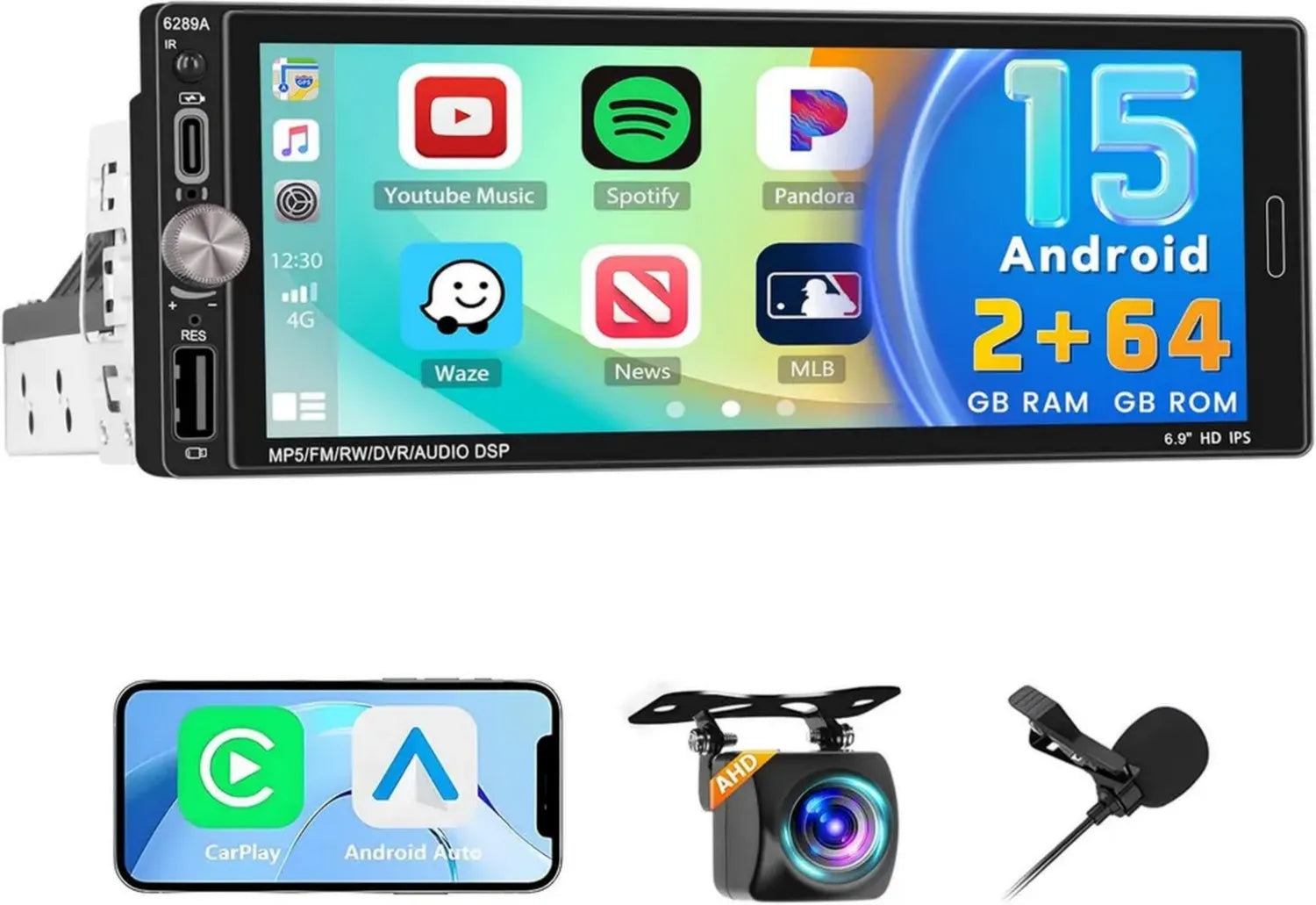 Autoradio Android 1 Din 2+64GB con Carplay Wireless, Schermo Touch 6,9'', GPS, WiFi, Bluetooth, Radio FM RDS, Comandi al Volante, Android Auto e Retrocamera