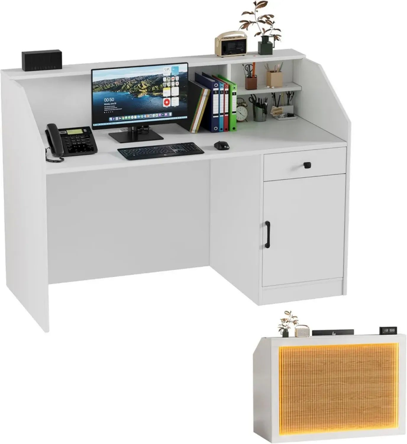 Bancone Reception Moderno con LED e Spazi di Archiviazione