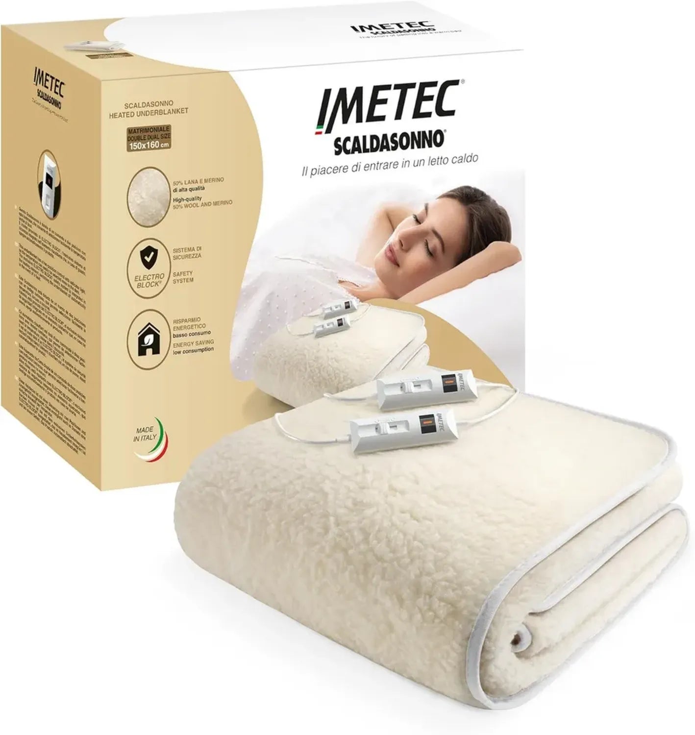 Coperta Riscaldante Matrimoniale Imetec 150x160 cm, Lana Merino, 2 Livelli di Calore, Sicurezza Electro Block, Prodotto in Italia