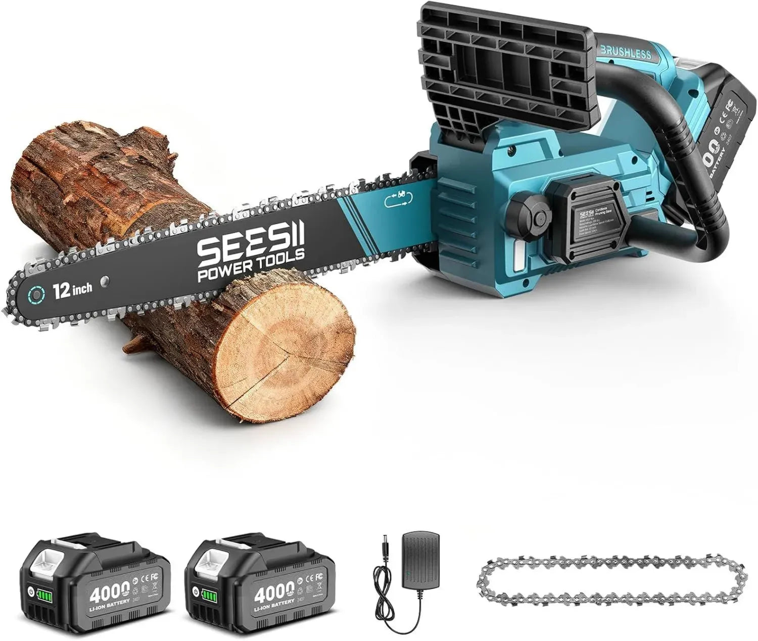 Motosega a Batteria SEESII 12 Pollici, 1200W Brushless con 2 Batterie 4000mAh, Senza Attrezzi per Potatura e Taglio Legno