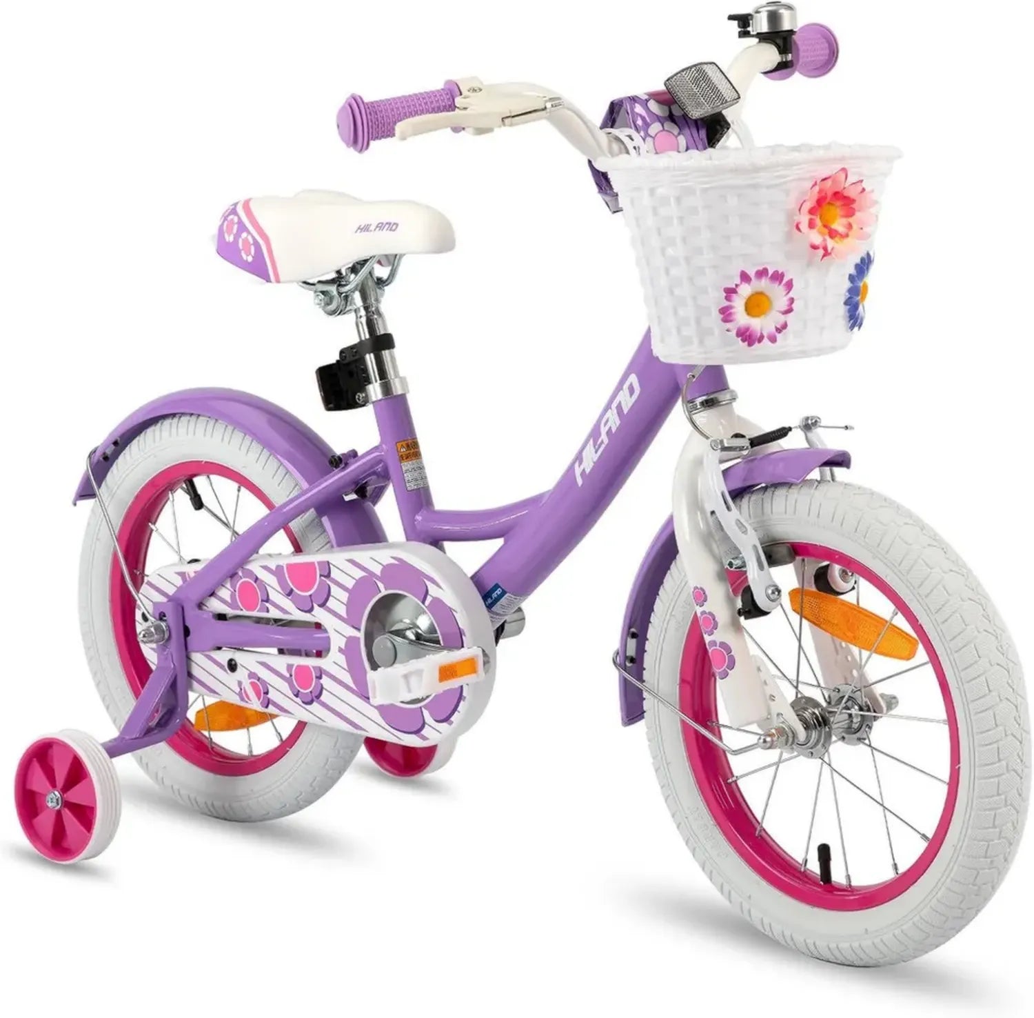HILAND Bicicletta per Bambine 12-16 Pollici con Ruote di Supporto, Freni e Cestino, Rosa/Viola/Bianco